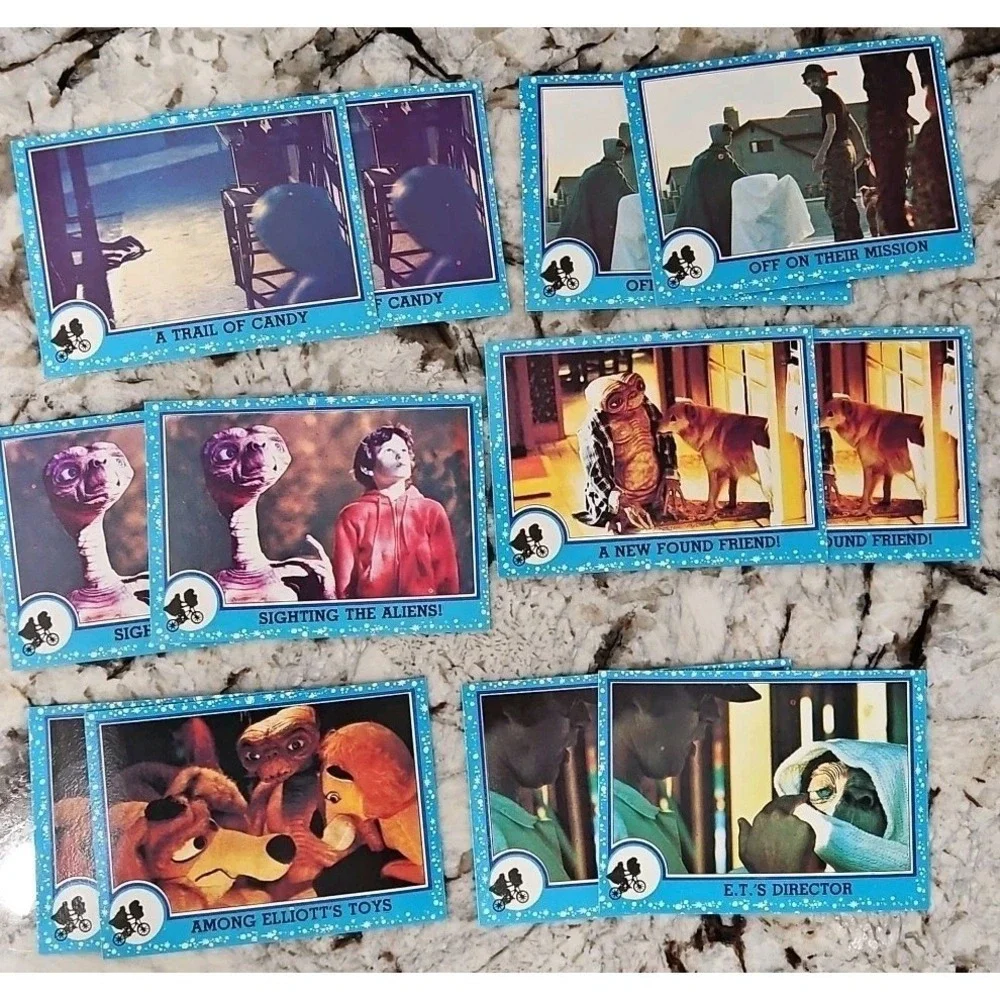 E.T. movie cards (vintage TOPPS, 1982) LOT OF 65 -Drew Barrymore, Spielberg etc.
